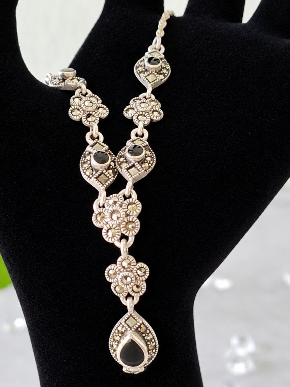 Sterling Silver, Black Onyx and Marcasite Y Necklace Stunning Statement 16.5"